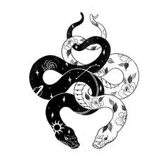 a black and white drawing of a snake with flowers on it's tail, in the shape of a heart