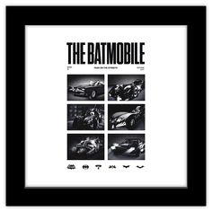 the batmobile movie poster in black and white with four different images, including batman's car