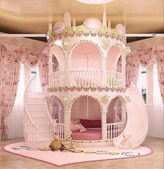 a child's bedroom with a pink castle bed