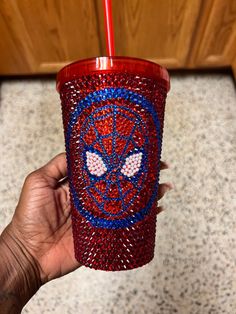 The cup is insulated and plastic so there’s no sweating with cold liquids inside. I painted it red first then added the vinyl. The rhinestones were added to the vinyl first, then the rest of the cup. These are all resin rhinestones done in the honeycomb pattern and the designs are permanent vinyl. Spiderman Things To Make, Spiderman Things To Buy, Spiderman Quince, Spiderman Items, Spiderman Gift Ideas, Spiderman Merch, Marvel Nails