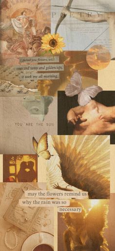 a collage of images with words and pictures on them that include flowers, sunflowers