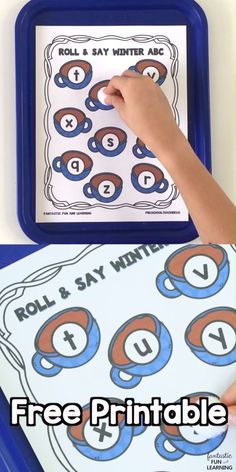 the roll and say winter abc printable game is shown with an image of a blue tray