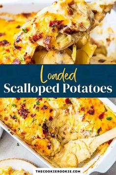 loaded scalloped potatoes in a white casserole dish with text overlay