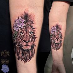 two tattoos with lions and flowers on their arms