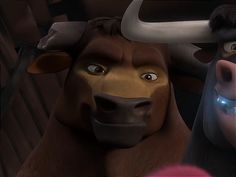 the animated bull is looking at something in front of him and another cow behind him