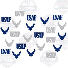 nine decals with the words usaf and an eagle in blue on white background