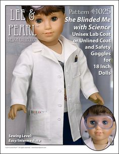 the doll is wearing a white lab coat and goggles for dolls to wear on their head