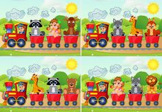 four different pictures of animals riding in a train