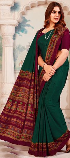 Green color Saree in Crepe Silk fabric with Floral, Printed work Green Color Saree, Reception Saree, Party Wear Sarees Online, Saree Sale, Latest Designer Sarees, Embroidered Art, Casual Saree, Art Silk Sarees, Fancy Sarees