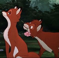 the fox and the hound look like they are talking to each other with flowers in their mouths