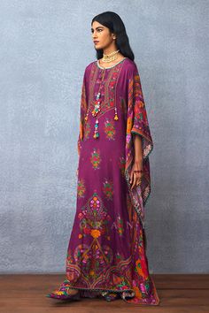 Buy Purple Muslin Silk Digital Print Ambrosia Dil Kusha Shirin Kaftan For Women by Torani Online at Aza Fashions. Bohemian Kaftan With Cape Sleeves For Festive Season, Festive Bohemian Kaftan With Cape Sleeves, Festive Silk Kaftan With Digital Print, Bohemian Kurta With Cape Sleeves For Eid, Bohemian Cape Sleeve Dresses For Eid, Bohemian Eid Dresses With Cape Sleeves, Bohemian Dress With Cape Sleeves For Eid, Unstitched Bohemian Kaftan For Festivals, Anarkali Multicolor Kaftan With Dabka Work