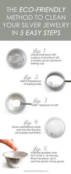 the instructions for how to clean your silver jewelry in 5 easy steps with pictures and text