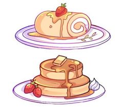 two plates with pancakes and strawberries on them, one is covered in icing