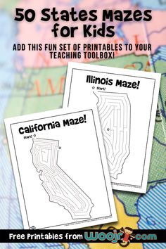 two maps with the text 50 states mazes for kids to print and color on