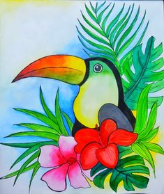 a drawing of a toucan with flowers and leaves