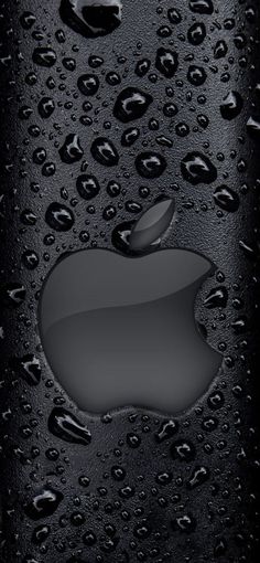 an apple logo is shown on the back of a black iphone case covered in water droplets