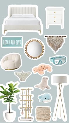 a bunch of stickers that are on the side of a white dresser and bed