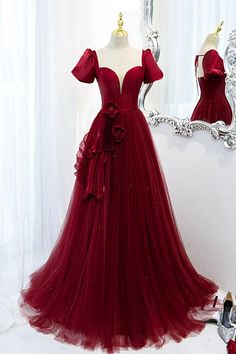 A-Line Satin Tulle Long Prom Dresses Prom Dress Burgundy, Prom Dresses Burgundy, Burgundy Evening Dress, Tulle Long Prom Dress, Prom Dress Evening, Tulle Evening Dress, Satin Tulle, Corset Dress Prom, Burgundy Prom Dress