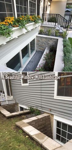 the before and after pictures of a beautiful window well landscaped in front of a house