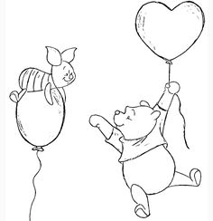 winnie the pooh and piglet flying with heart shaped balloons coloring page for kids