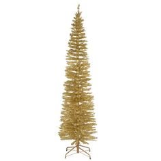 a gold tinsel christmas tree on a stand with no decorations in the bottom half