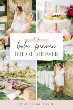 a collage of photos with the words my boho - picnic bridal shower