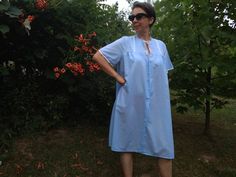 "Vintage 80s blue night gown. Short sleeve nighty decorated with lace details. Front buttoned nighty. L size. From shoulder to shoulder 15,5\"39,5cm Bust 46\"117cm Sleeve length 9\"23cm Length 40\"102cm." Light Blue Short Sleeve Sleep Dress, Blue Short Sleeve Nightgown For Summer, Blue Short Sleeve Nightgown For Bedtime, Summer Hospital Nightgown With Short Sleeves, Blue Nightgown For Summer Daywear, Night Gown Short, Blue Night Gown, Ivory Blouse, Blue Night