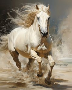 a painting of a white horse running in the sand with its hair blowing in the wind