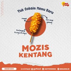 the menu for mozis kentang is shown with an orange background and white lettering