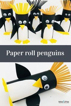 paper roll penguins with black and yellow feathers