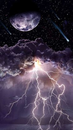 the sky is filled with clouds and lightnings as two planets are seen in the distance