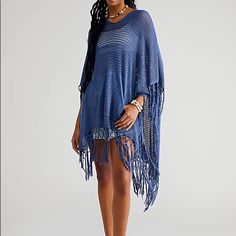 Free People Summer House Crochet Poncho. It’s Nwot The Label Has Been Crossed Out To Prevent Return To The Store.The Color Is Blue.I Put The Sample Of The Other Color. So Cool And Comfy, This Essential Poncho Is Featured In A Lightweight Knit Fabrication And Pullover Design, Complete With A Hood, Front Pocket, And Fun Fringe Detailing For That Breezy, Beachy Look. Effortless, Pull-On Style Wide Sleeves Oversized, Drapey Fit Care/Import Hand Wash Cold Import Contents 100% Viscose Blue Fringe Poncho One Size, Blue One-size Poncho With Fringe, One Size Blue Poncho With Fringe, Blue Bohemian Poncho With Fringe, Blue One-size Poncho For Vacation, Blue Bohemian Poncho For Spring, Blue Bohemian Poncho For Beach Cover-up, Bohemian Blue Poncho For Beach Cover-up, Blue Bohemian Poncho For Beach