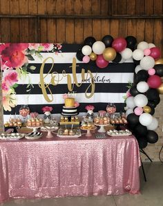 the dessert table is set up with pink, black and white balloons