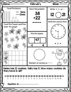 the worksheet for addition and subtraction with numbers, flowers, and clocks