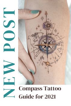 the compass tattoo is shown in front of a woman's arm