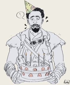 a drawing of a man holding a cake with candles in it and wearing a party hat