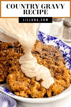 a person pouring gravy on top of an oatmeal crumble