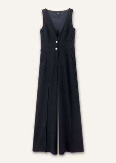 Tailored Elegant Jumpsuits And Rompers For Office, Elegant Tailored Office Jumpsuits And Rompers, Elegant Tailored Jumpsuits For Office, Elegant Tailored V-neck Pantsuit, Elegant Tailored Sleeveless Jumpsuits And Rompers, Elegant Sleeveless Semi-formal Pantsuit, Tailored Sleeveless Jumpsuits And Rompers For Formal Occasions, Sleeveless Fitted Jumpsuits And Rompers For Formal Events, Navy Jumpsuit