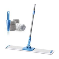 a mop and cleaning supplies on a white background