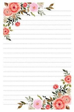 a white paper with pink flowers and green leaves on the edges, in front of a white background