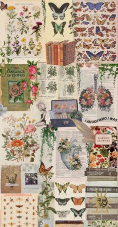 a collage of flowers, books and butterflies