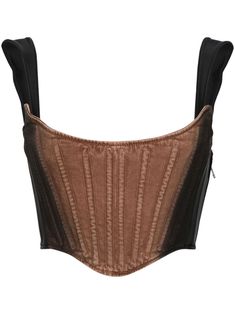 black/brown cotton blend denim bustier-style neckline strapless detachable shoulder straps ombré effect internal logo tag cropped curved hem side zip fastening Mugler Denim, Cropped Corset, Denim Bustier, Corset Black, Brown Denim, Wide Trousers, Versace Outfit, Ombre Effect, Mini Shoulder Bag