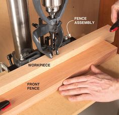 a person working with woodworking tools on a workbench, labeled in the following words