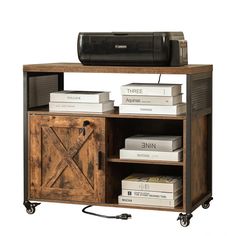 an entertainment center with books and speakers on wheels