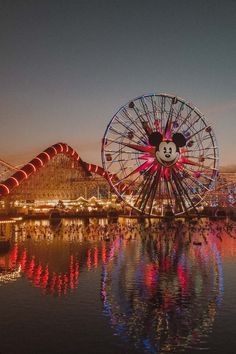 an amusement park with a ferris wheel and lights reflecting in the water