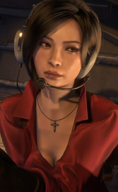 a woman wearing a headset with a cross on her chest and earphones around her neck