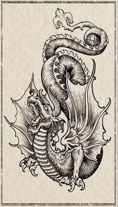 a drawing of a dragon with an ornate frame on the back of its head and wings