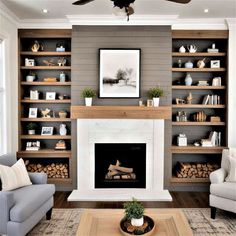 a living room filled with furniture and a fire place in front of a wall mounted fireplace