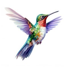 a colorful hummingbird flying in the air with its wings spread out and it's beak