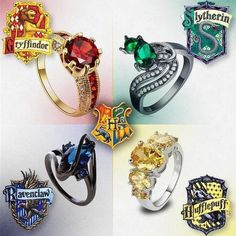 harry potter rings are shown in four different colors and sizes, including one with the sly crest